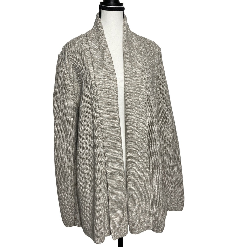 Talbots Womens Open Front Cardigan Large Cable Knit Trim Neutral Beige Office
